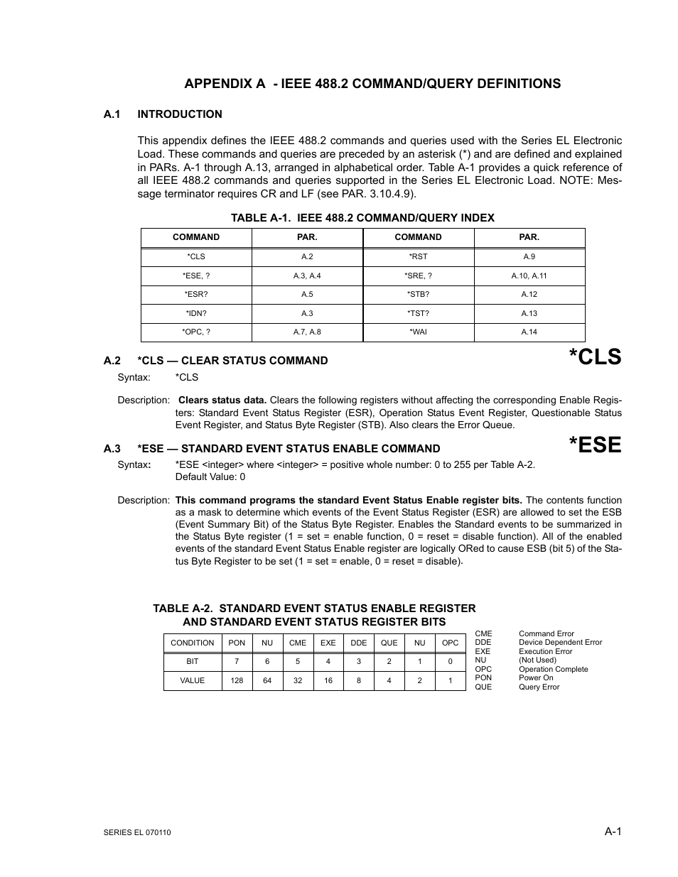 Appendix a - ieee 488.2 command/query definitions, Table a-1. ieee 488.2 command/query index, A.2 *cls — clear status command | A.3 *ese — standard event status enable command | KEPCO EL Series Electronic Load Operator Manual P/N 243-1295 Firmware Version 3.12 (Unit Rev 2) User Manual | Page 57 / 80