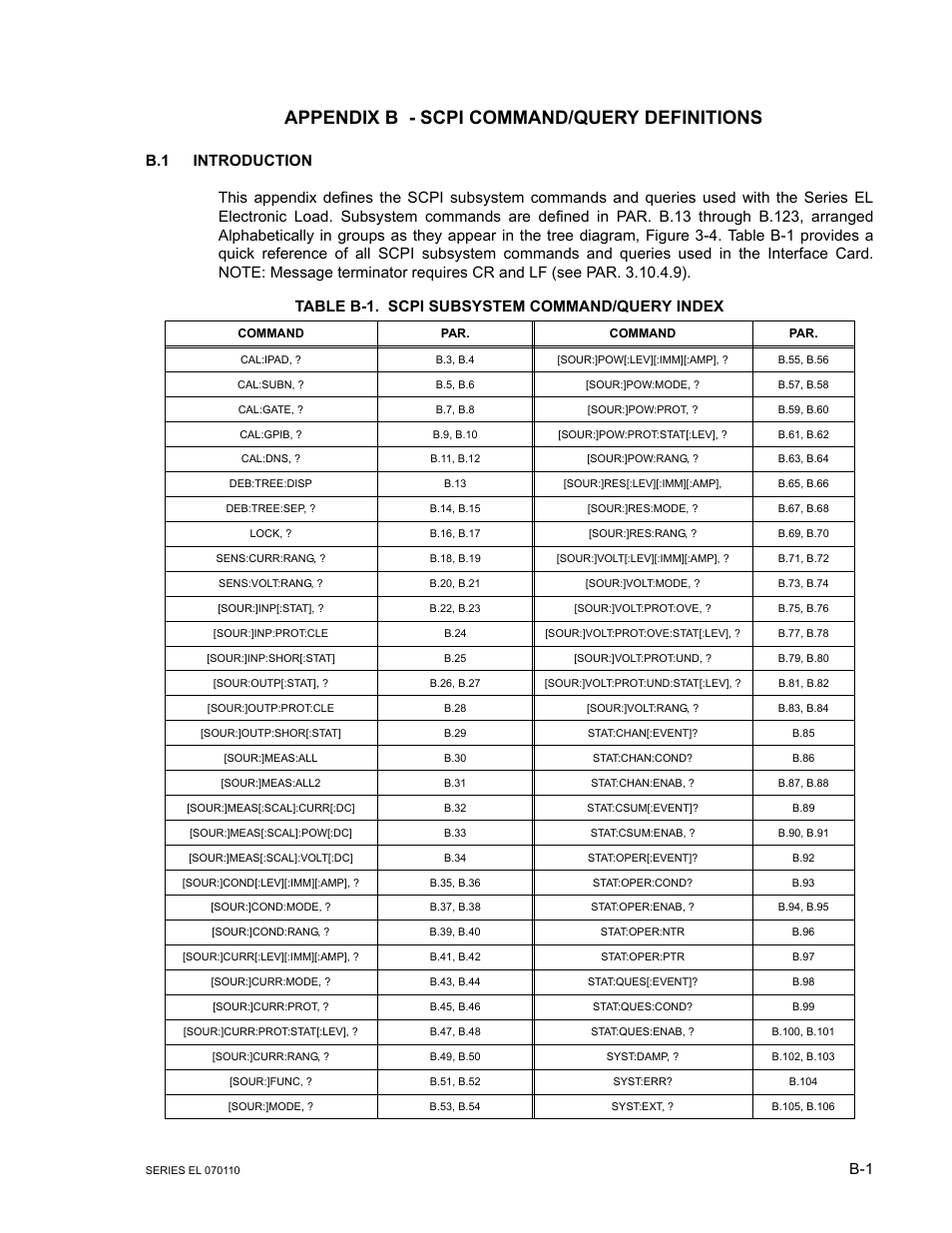 Appendix b - scpi command/query definitions, B.1 introduction | KEPCO EL Series Electronic Load Operator Manual P/N 243-1295 Firmware Version 3.12 (Unit Rev 2) User Manual | Page 61 / 80