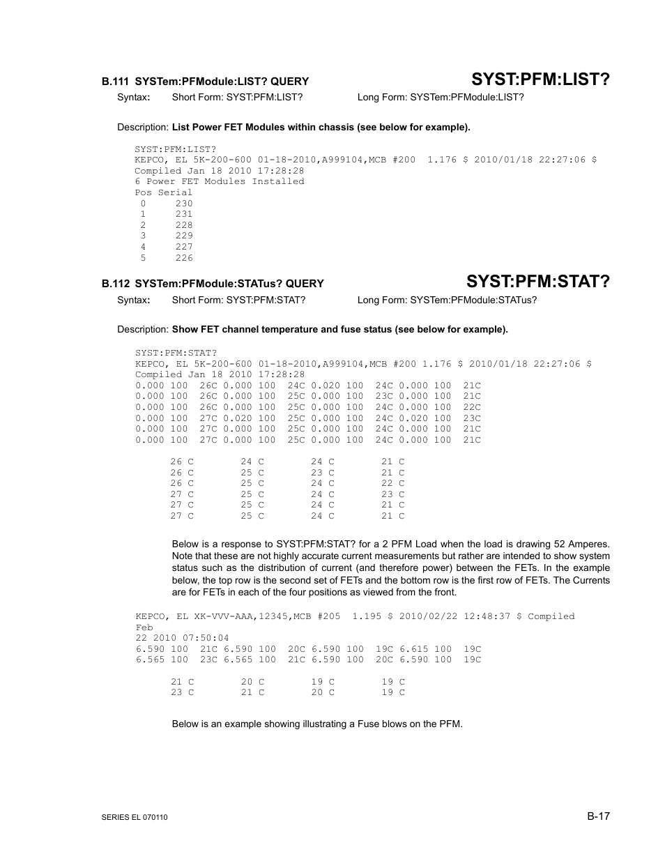 B.111 system:pfmodule:list? query, B.112 system:pfmodule:status? query, B.111 system:pfmodul | B.112 system:pfmodul, B.111, B.112, Syst:pfm:list, Syst:pfm:stat | KEPCO EL Series Electronic Load Operator Manual P/N 243-1295 Firmware Version 3.12 (Unit Rev 2) User Manual | Page 77 / 80