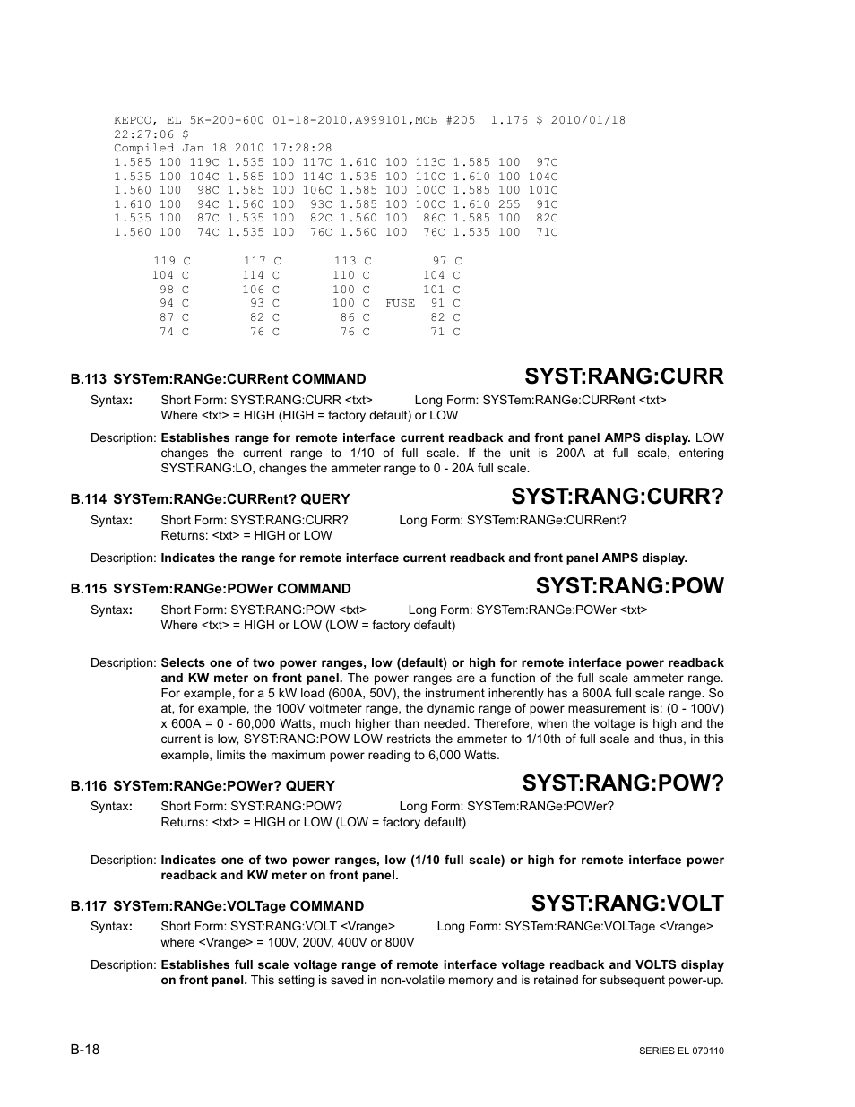 B.113 system:range:current command, B.114 system:range:current? query, B.115 system:range:power command | B.116 system:range:power? query, B.117 system:range:voltage command, B.113 system:ran, B.114 system:ran, B.115 system:range:pow, B.116 system:range:pow, B.117 system:range:volt | KEPCO EL Series Electronic Load Operator Manual P/N 243-1295 Firmware Version 3.12 (Unit Rev 2) User Manual | Page 78 / 80