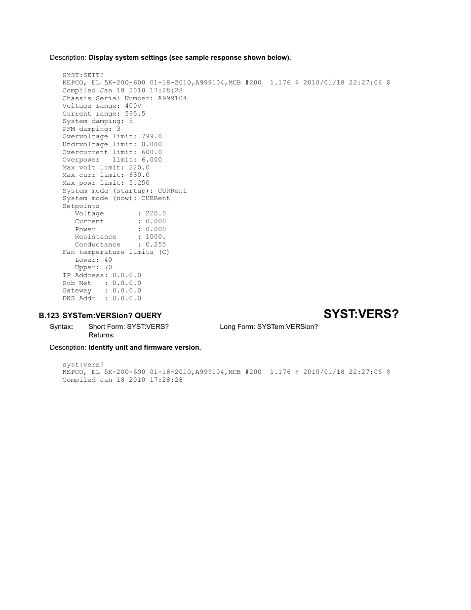 B.123 system:version? query, B.123 system:version? quer, H b.123, arr | B.123, Syst:vers | KEPCO EL Series Electronic Load Operator Manual P/N 243-1295 Firmware Version 3.12 (Unit Rev 2) User Manual | Page 80 / 80