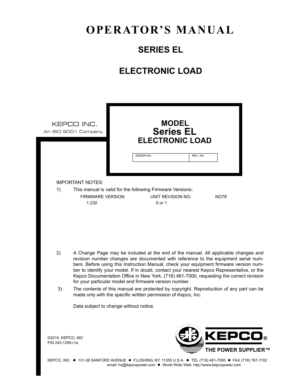 KEPCO EL Series Electronic Load Operator Manual P/N 243-1295 Firmware Version 1.232 (Unit Rev 0 or 1) User Manual | 80 pages