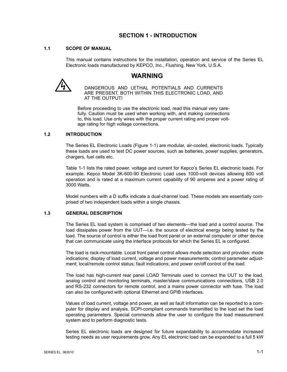 Section 1 - introduction, 1 scope of manual, 2 introduction | 3 general description, Scope of manual -1, Introduction -1, General description -1, Warning | KEPCO EL Series Electronic Load Operator Manual P/N 243-1295 Firmware Version 1.232 (Unit Rev 0 or 1) User Manual | Page 11 / 80
