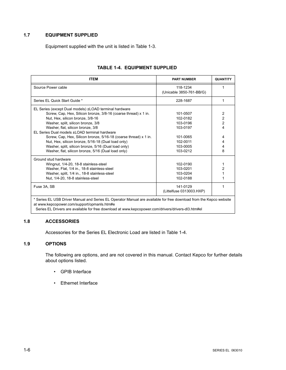 7 equipment supplied, Table 1-4. equipment supplied, 8 accessories | 9 options, Equipment supplied -6, Accessories -6, Options -6 | KEPCO EL Series Electronic Load Operator Manual P/N 243-1295 Firmware Version 1.232 (Unit Rev 0 or 1) User Manual | Page 16 / 80