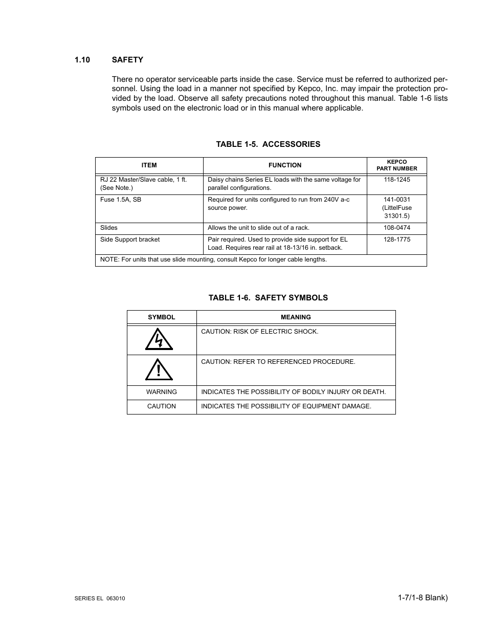 10 safety, Table 1-5. accessories, Table 1-6. safety symbols | Safety -7, Accessories -7, Safety symbols -7 | KEPCO EL Series Electronic Load Operator Manual P/N 243-1295 Firmware Version 1.232 (Unit Rev 0 or 1) User Manual | Page 17 / 80