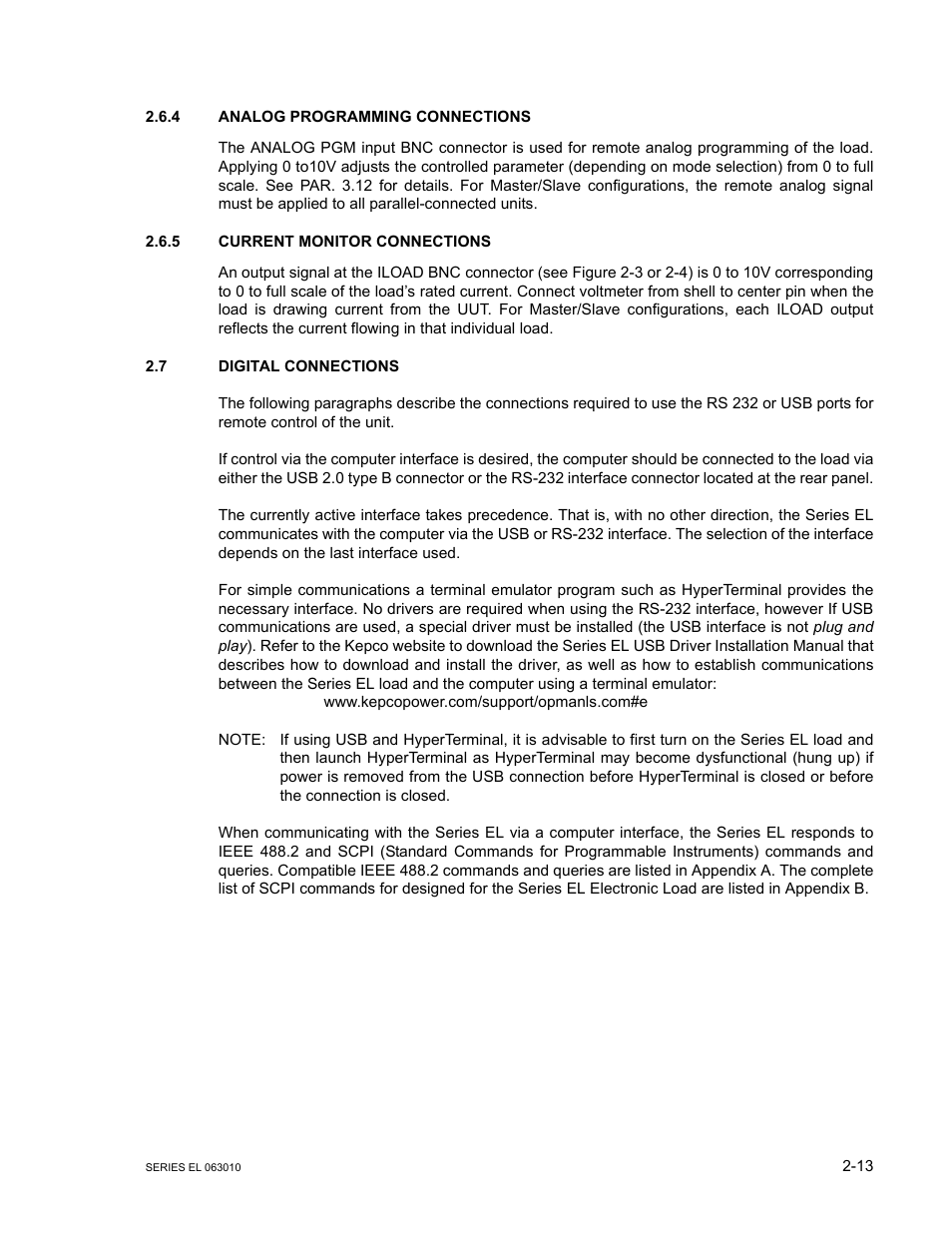 4 analog programming connections, 5 current monitor connections, 7 digital connections | Analog programming connections -13, Current monitor connections -13, Digital connections -13 | KEPCO EL Series Electronic Load Operator Manual P/N 243-1295 Firmware Version 1.232 (Unit Rev 0 or 1) User Manual | Page 31 / 80