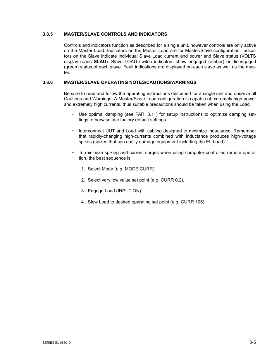 5 master/slave controls and indicators, 6 master/slave operating notes/cautions/warnings, Master/slave controls and indicators -5 | Master/slave operating notes/cautions/warnings -5 | KEPCO EL Series Electronic Load Operator Manual P/N 243-1295 Firmware Version 1.232 (Unit Rev 0 or 1) User Manual | Page 39 / 80