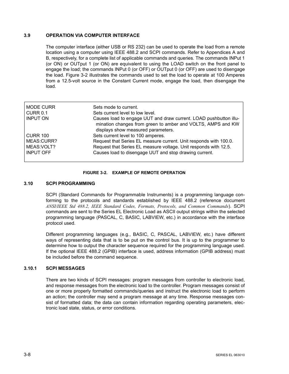 9 operation via computer interface, Figure 3-2. example of remote operation, 10 scpi programming | 1 scpi messages, Operation via computer interface -8, Scpi programming -8, Scpi messages -8, Example of remote operation -8 | KEPCO EL Series Electronic Load Operator Manual P/N 243-1295 Firmware Version 1.232 (Unit Rev 0 or 1) User Manual | Page 42 / 80