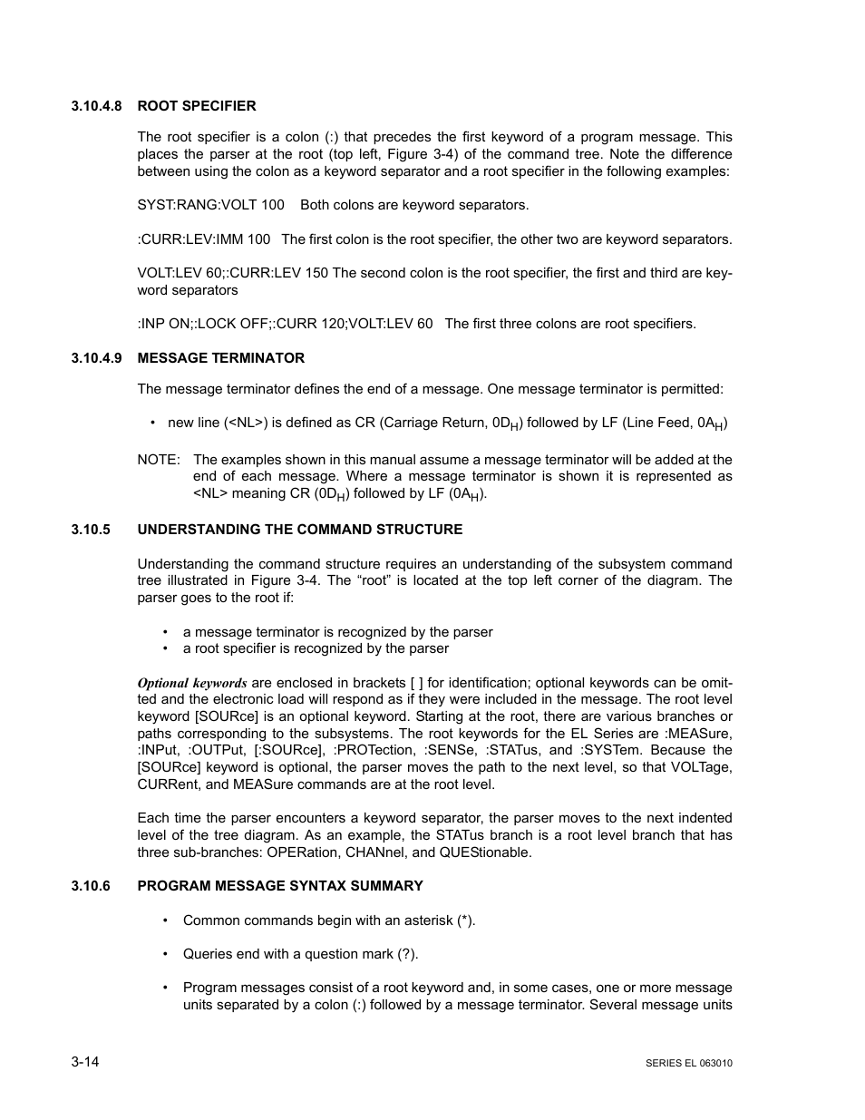 8 root specifier, 9 message terminator, 5 understanding the command structure | 6 program message syntax summary, Root specifier -14, Message terminator -14, Understanding the command structure -14, Program message syntax summary -14 | KEPCO EL Series Electronic Load Operator Manual P/N 243-1295 Firmware Version 1.232 (Unit Rev 0 or 1) User Manual | Page 48 / 80