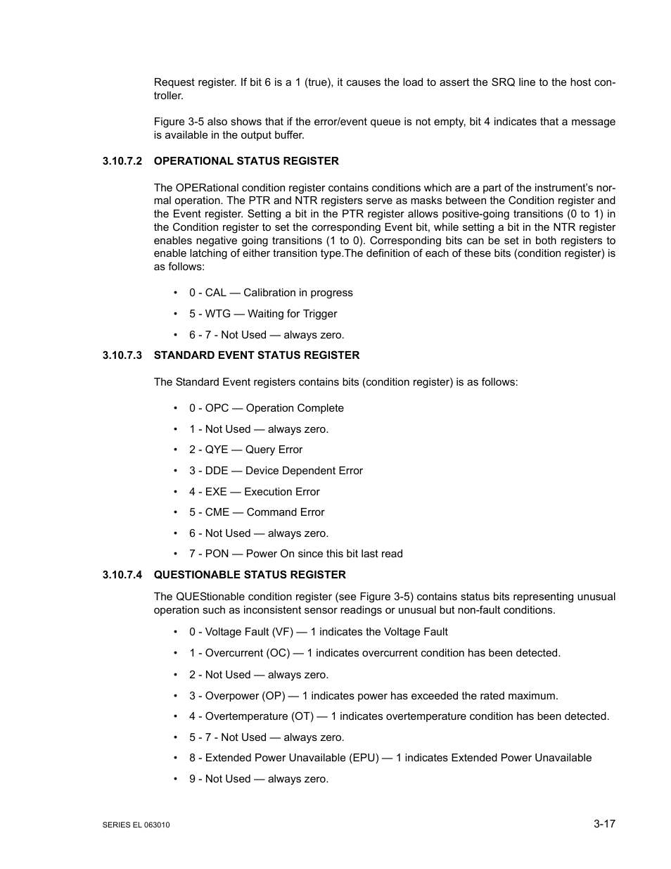 2 operational status register, 3 standard event status register, 4 questionable status register | Operational status register -17, Standard event status register -17, Questionable status register -17 | KEPCO EL Series Electronic Load Operator Manual P/N 243-1295 Firmware Version 1.232 (Unit Rev 0 or 1) User Manual | Page 51 / 80