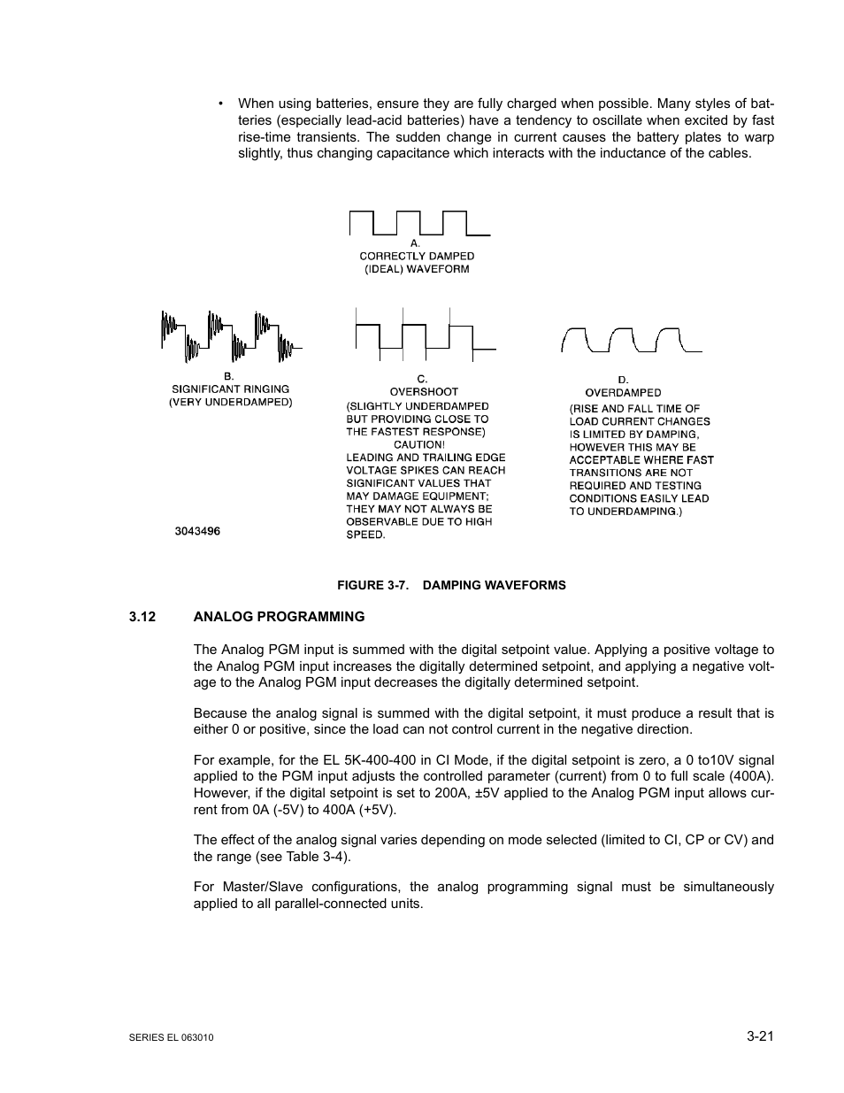 Figure 3-7. damping waveforms, 12 analog programming, Analog programming -21 | Damping waveforms -21 | KEPCO EL Series Electronic Load Operator Manual P/N 243-1295 Firmware Version 1.232 (Unit Rev 0 or 1) User Manual | Page 55 / 80