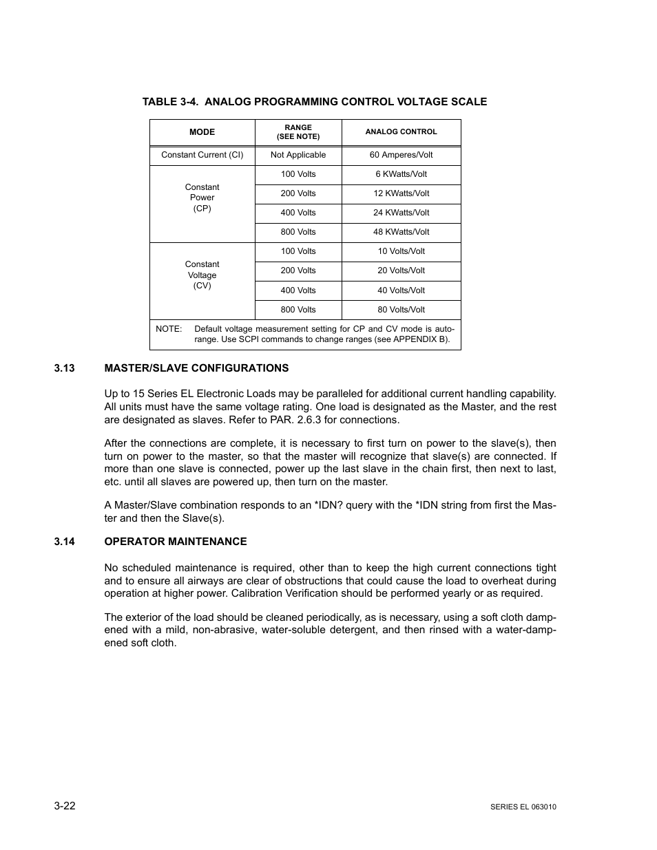 13 master/slave configurations, 14 operator maintenance, Master/slave configurations -22 | Operator maintenance -22, Analog programming control voltage scale -22, 13 for | KEPCO EL Series Electronic Load Operator Manual P/N 243-1295 Firmware Version 1.232 (Unit Rev 0 or 1) User Manual | Page 56 / 80