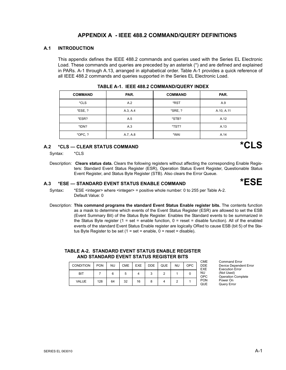Appendix a - ieee 488.2 command/query definitions, Table a-1. ieee 488.2 command/query index, A.2 *cls — clear status command | A.3 *ese — standard event status enable command | KEPCO EL Series Electronic Load Operator Manual P/N 243-1295 Firmware Version 1.232 (Unit Rev 0 or 1) User Manual | Page 57 / 80