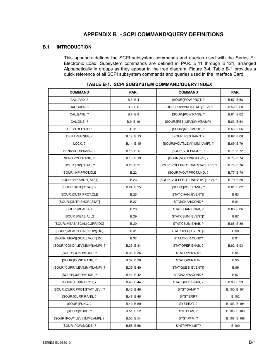 Appendix b - scpi command/query definitions, B.1 introduction | KEPCO EL Series Electronic Load Operator Manual P/N 243-1295 Firmware Version 1.232 (Unit Rev 0 or 1) User Manual | Page 61 / 80