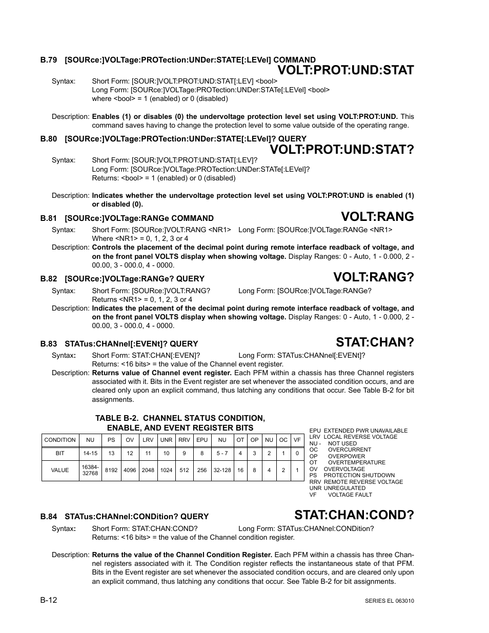 B.81 [source:]voltage:range command, B.82 [source:]voltage:range? query, B.83 status:channel[:event]? query | B.84 status:channel:condition? query, B.79, Source, B.80, B.81, B.82, B.83 | KEPCO EL Series Electronic Load Operator Manual P/N 243-1295 Firmware Version 1.232 (Unit Rev 0 or 1) User Manual | Page 72 / 80