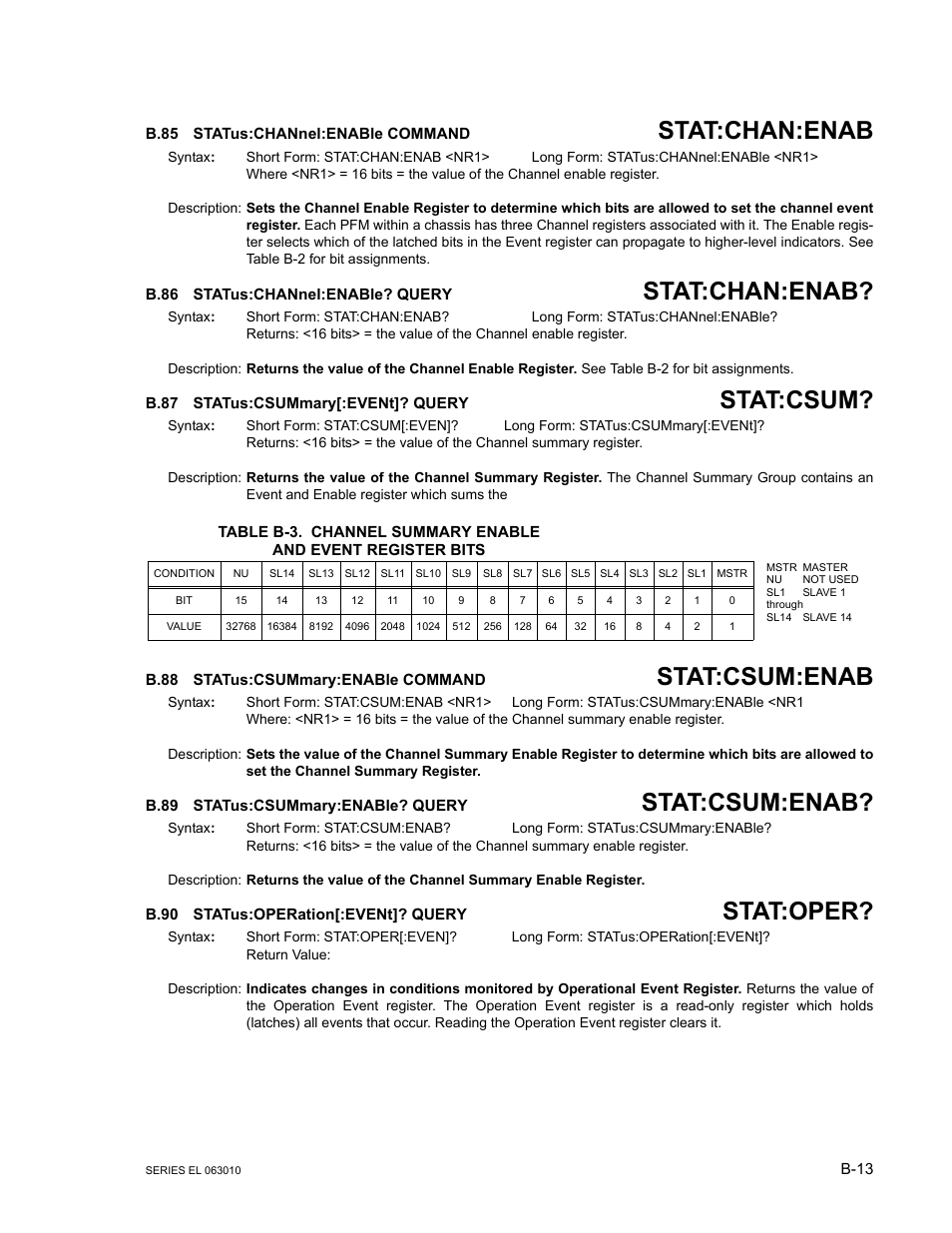 B.85 status:channel:enable command, B.86 status:channel:enable? query, B.87 status:csummary[:event]? query | B.88 status:csummary:enable command, B.89 status:csummary:enable? query, B.90 status:operation[:event]? query, B.85, Status:channel, B.86, B.87 | KEPCO EL Series Electronic Load Operator Manual P/N 243-1295 Firmware Version 1.232 (Unit Rev 0 or 1) User Manual | Page 73 / 80