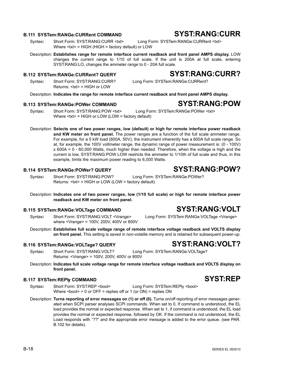 B.111 system:range:current command, B.112 system:range:current? query, B.113 system:range:power command | B.114 system:range:power? query, B.115 system:range:voltage command, B.116 system:range:voltage? query, B.117 system:reply command, B.111 system:ran, B.112 system:ran, B.113 system:range:pow | KEPCO EL Series Electronic Load Operator Manual P/N 243-1295 Firmware Version 1.232 (Unit Rev 0 or 1) User Manual | Page 78 / 80