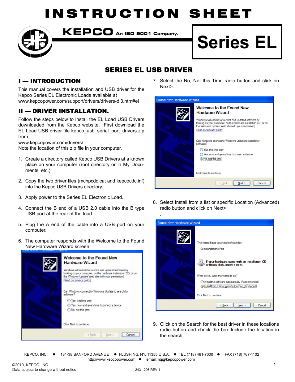 KEPCO EL Series USB Driver Manual User Manual | 4 pages
