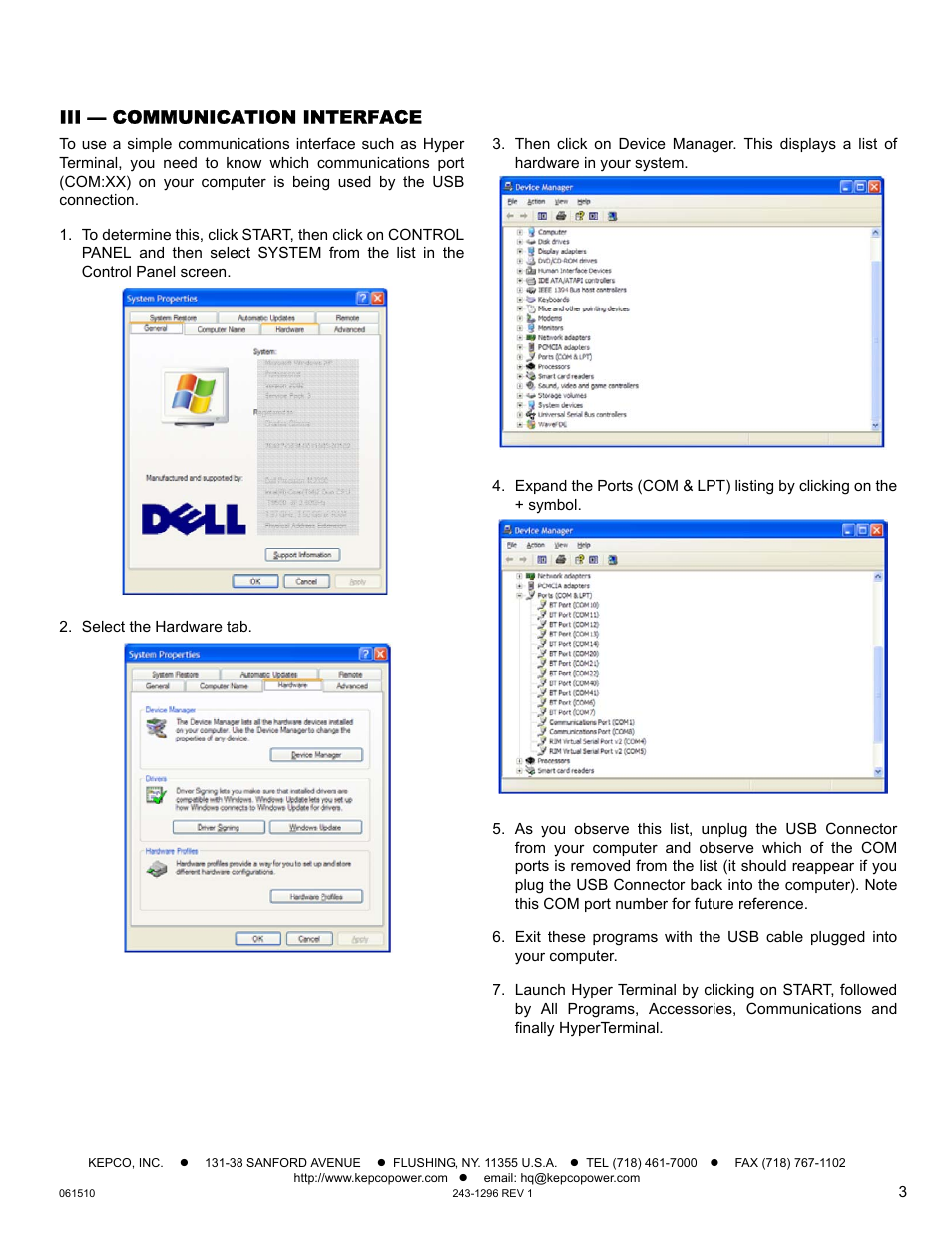 Iii — communication interface | KEPCO EL Series USB Driver Manual User Manual | Page 3 / 4