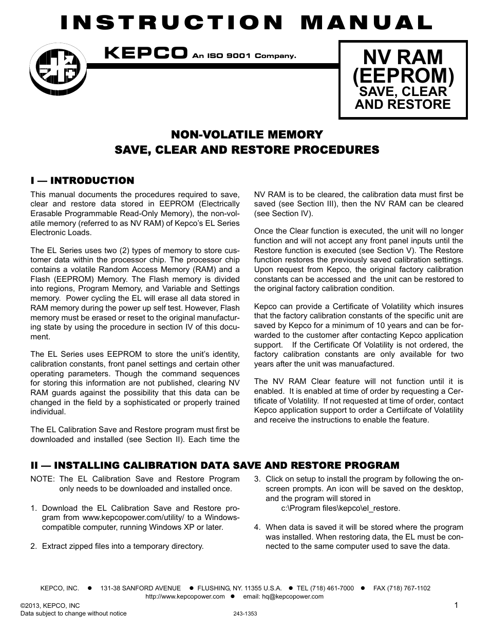 KEPCO EL Series NV RAM Save, Clear, Restore User Manual | 4 pages