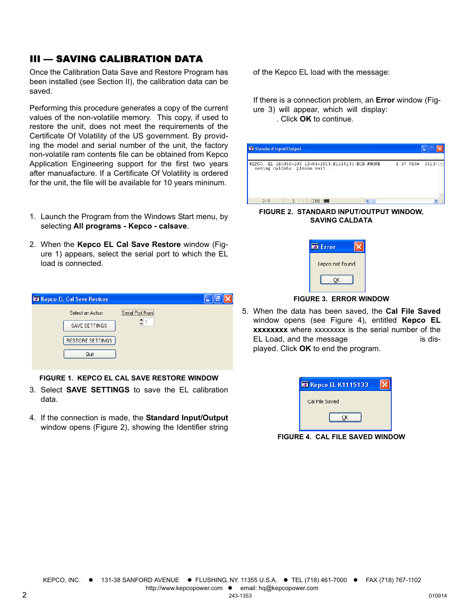 Iii — saving calibration data, Figure 1. kepco el cal save restore window, Figure 3. error window | Figure 4. cal file saved window, Ee section iii) | KEPCO EL Series NV RAM Save, Clear, Restore User Manual | Page 2 / 4