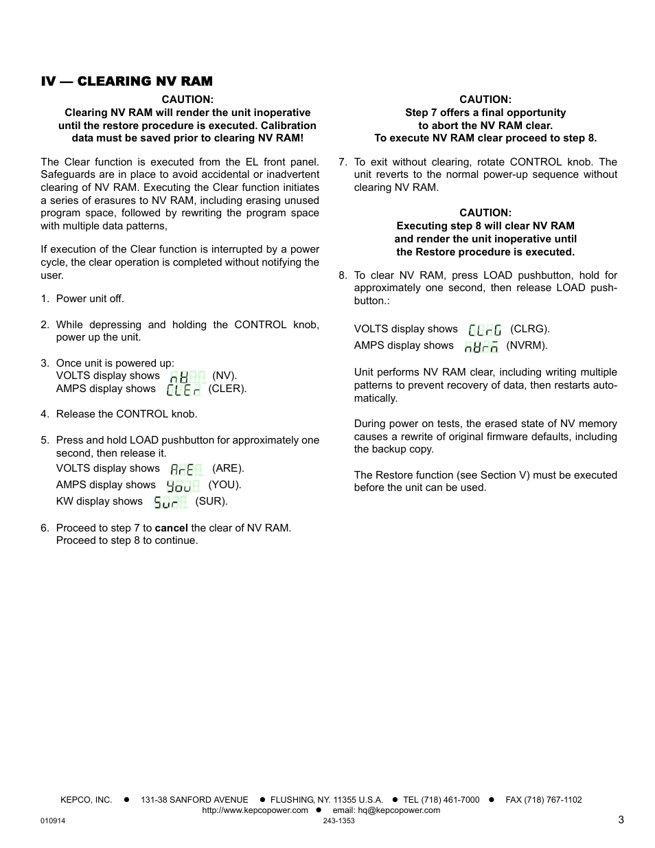 Iv — clearing nv ram, N iv o, Section iv) | KEPCO EL Series NV RAM Save, Clear, Restore User Manual | Page 3 / 4