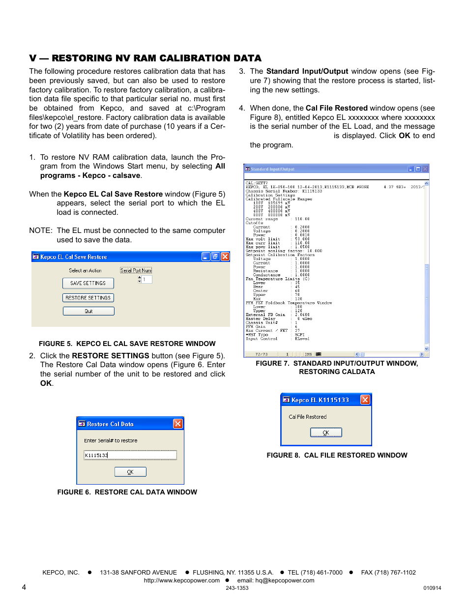 V — restoring nv ram calibration data, Figure 5. kepco el cal save restore window, Figure 6. restore cal data window | Figure 8. cal file restored window, V). th, Ction v) | KEPCO EL Series NV RAM Save, Clear, Restore User Manual | Page 4 / 4