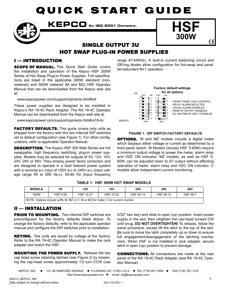 KEPCO HSF 300W Series (no suffix, suffix M and MZ) Quick Start Guides User Manual | 2 pages