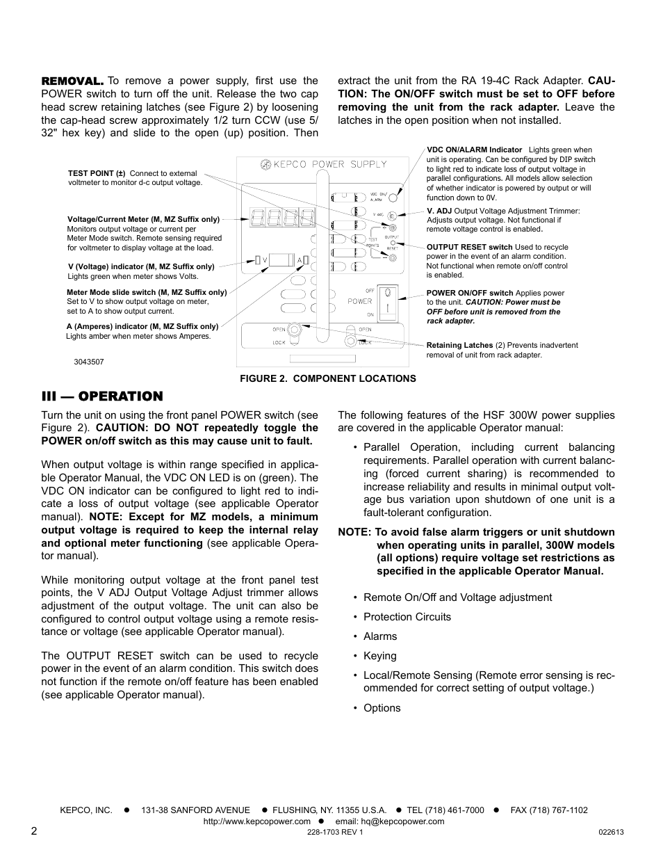 Removal, Figure 2. component locations, Iii — operation | KEPCO HSF 300W Series (no suffix, suffix M and MZ) Quick Start Guides User Manual | Page 2 / 2