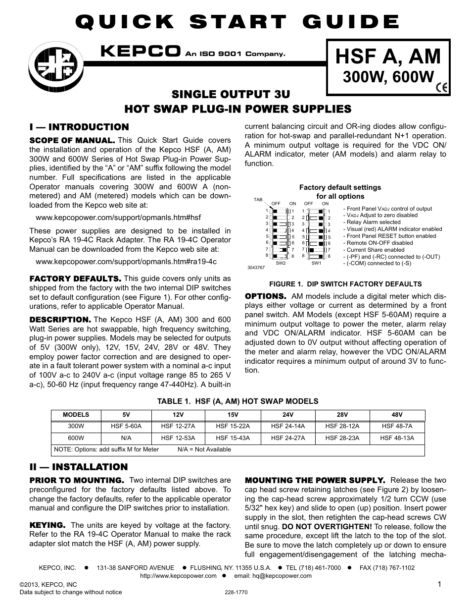 KEPCO HSF 600W Series (suffix A and AM) Quick Start Guides User Manual | 2 pages