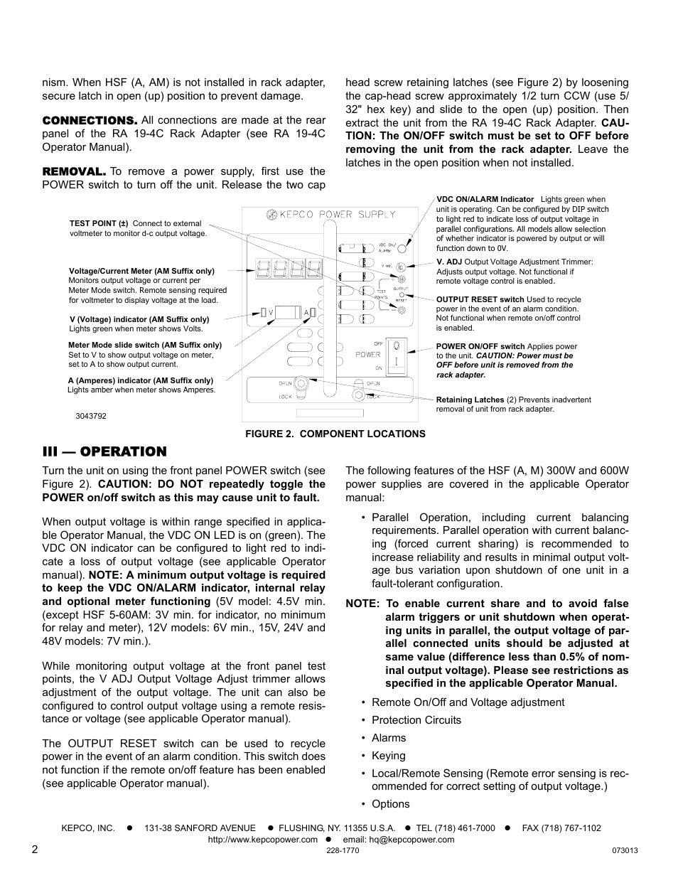 Connections, Removal, Figure 2. component locations | Iii — operation | KEPCO HSF 600W Series (suffix A and AM) Quick Start Guides User Manual | Page 2 / 2