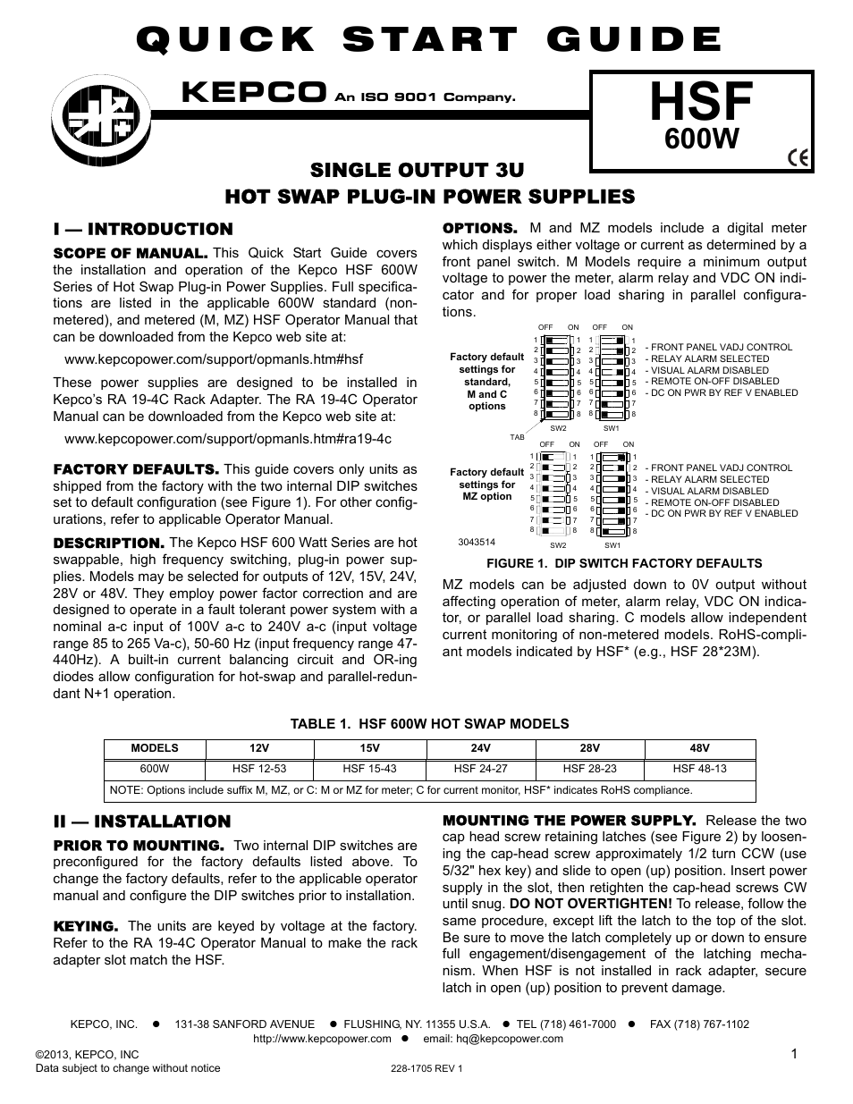 KEPCO HSF 600W Series (no suffix, suffix M and MZ) Quick Start Guides User Manual | 2 pages