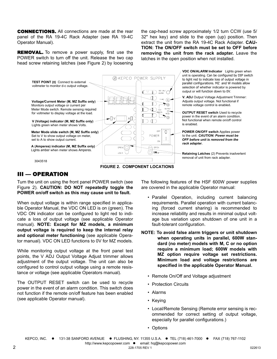 Connections, Removal, Figure 2. component locations | Iii — operation | KEPCO HSF 600W Series (no suffix, suffix M and MZ) Quick Start Guides User Manual | Page 2 / 2