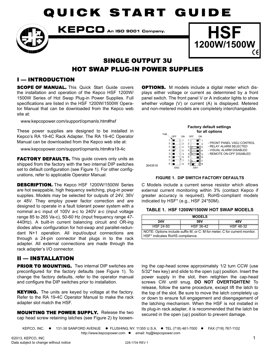 KEPCO HSF 1500W Series (all models) Quick Start Guides User Manual | 2 pages