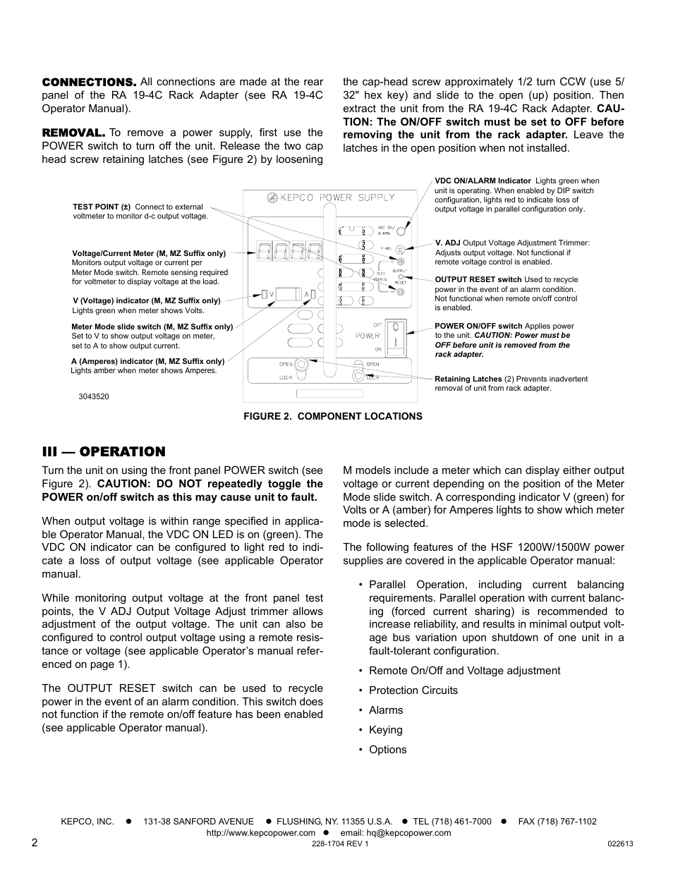Connections, Removal, Figure 2. component locations | Iii — operation | KEPCO HSF 1500W Series (all models) Quick Start Guides User Manual | Page 2 / 2