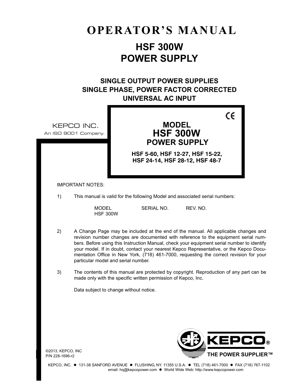 KEPCO HSF 300W Series (no suffix) Operator Manuals User Manual | 14 pages