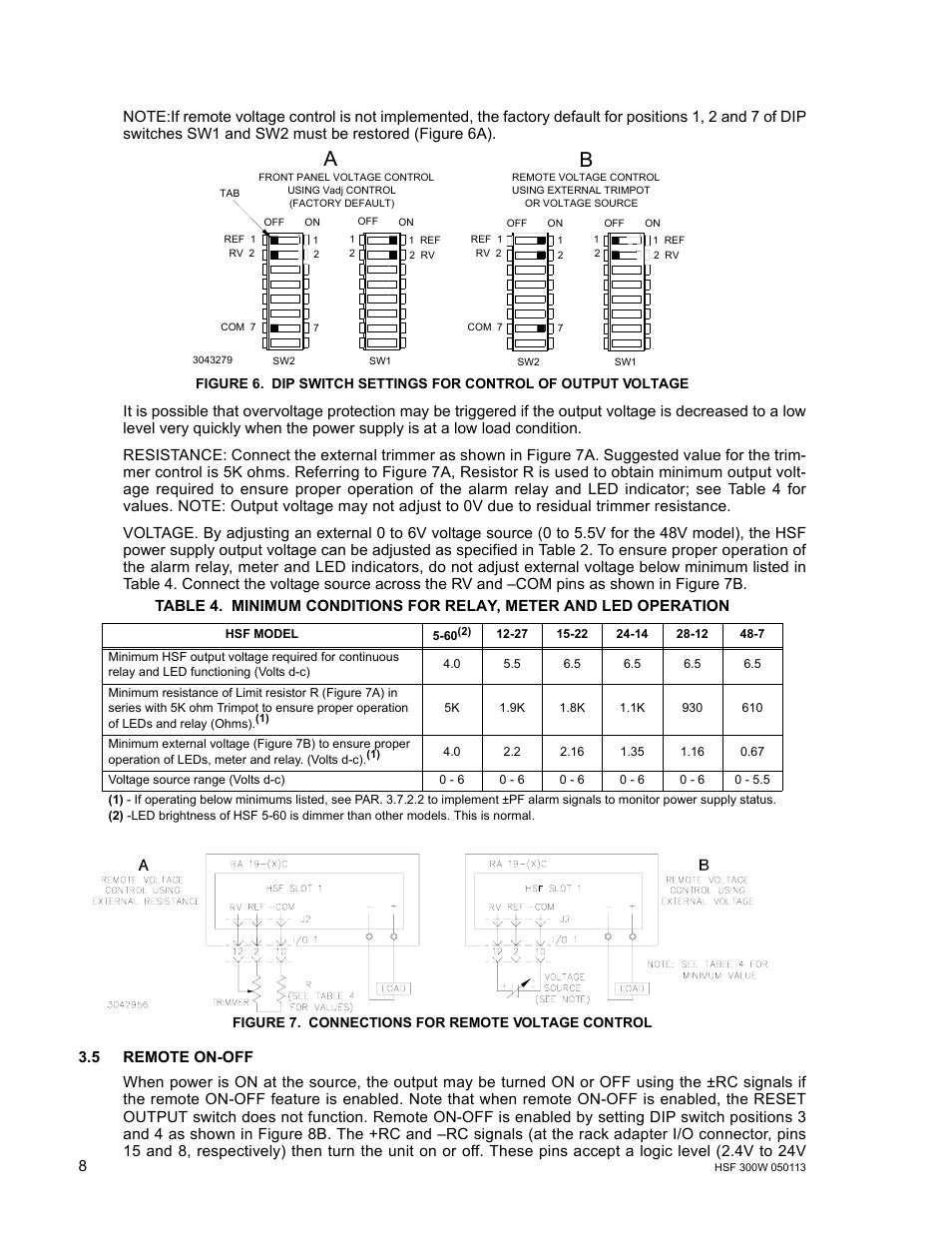 Figure 7. connections for remote voltage control, 5 remote on-off, Dip switch settings for control of output voltage | Connections for remote voltage control, R. 3.5), 4 for minimum co, R. 3.5, E 6a, Re 6b. this remo, E 7. at the ra | KEPCO HSF 300W Series (no suffix) Operator Manuals User Manual | Page 10 / 14