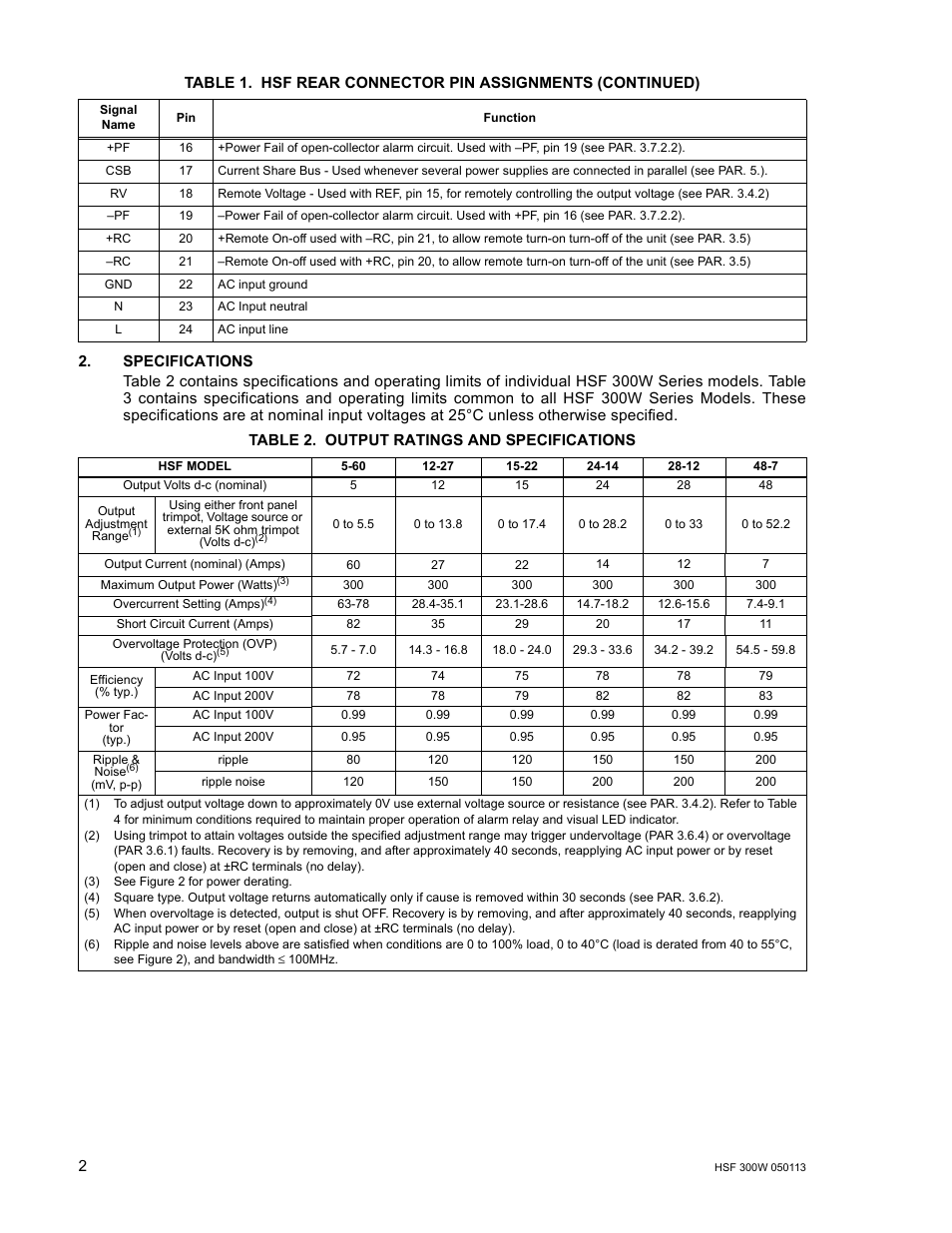 Table 2. output ratings and specifications | KEPCO HSF 300W Series (no suffix) Operator Manuals User Manual | Page 4 / 14