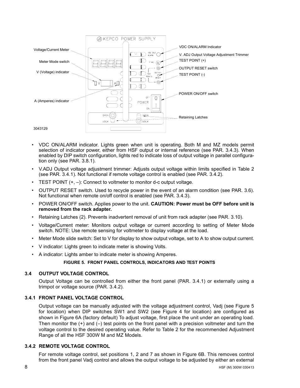 4 output voltage control, 1 front panel voltage control, 2 remote voltage control | Front panel controls, indicators and test points, R. 3.4.2), R. 3.4, R. 3.4.1), R. 3.4.2, R 3.4), Re 5 sh | KEPCO HSF 300W Series (no suffix, suffix M and MZ) Operator Manuals User Manual | Page 10 / 18