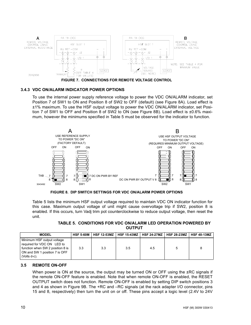 Figure 7. connections for remote voltage control, 3 vdc on/alarm indicator power options, 5 remote on-off | Connections for remote voltage control, Dip switch settings for vdc on/alarm power options, R. 3.4.3), R 3.4.3), r, Able 5 for, R. 3.4.3), the output, E 7. at the ra | KEPCO HSF 300W Series (no suffix, suffix M and MZ) Operator Manuals User Manual | Page 12 / 18