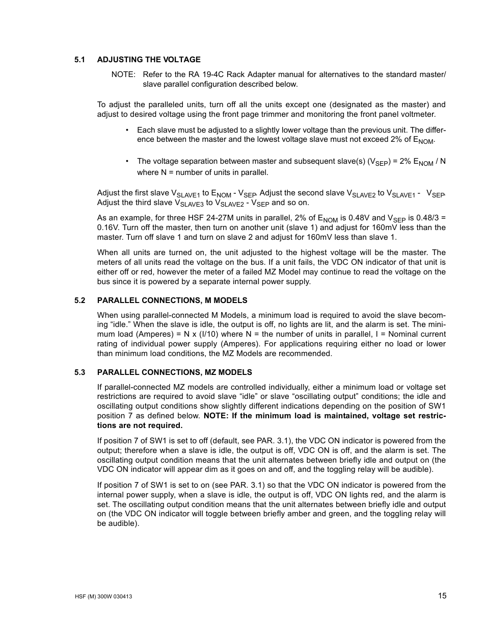 1 adjusting the voltage, 2 parallel connections, m models, 3 parallel connections, mz models | KEPCO HSF 300W Series (no suffix, suffix M and MZ) Operator Manuals User Manual | Page 17 / 18