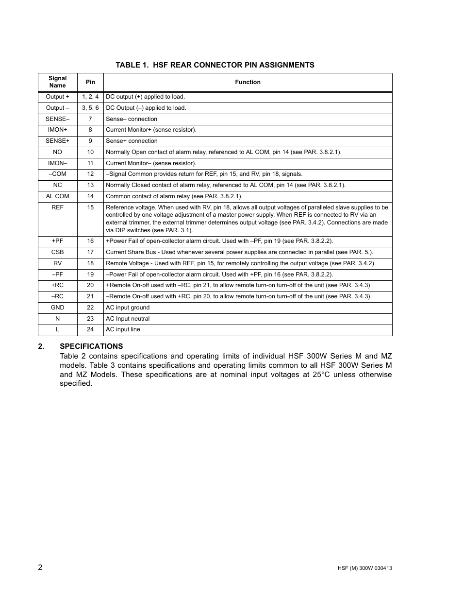 Table 1. hsf rear connector pin assignments, Hsf rear connector pin assignments | KEPCO HSF 300W Series (no suffix, suffix M and MZ) Operator Manuals User Manual | Page 4 / 18