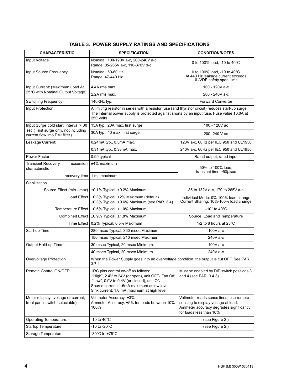 Table 3. power supply ratings and specifications, Power supply ratings and specifications, Able 3 co | KEPCO HSF 300W Series (no suffix, suffix M and MZ) Operator Manuals User Manual | Page 6 / 18