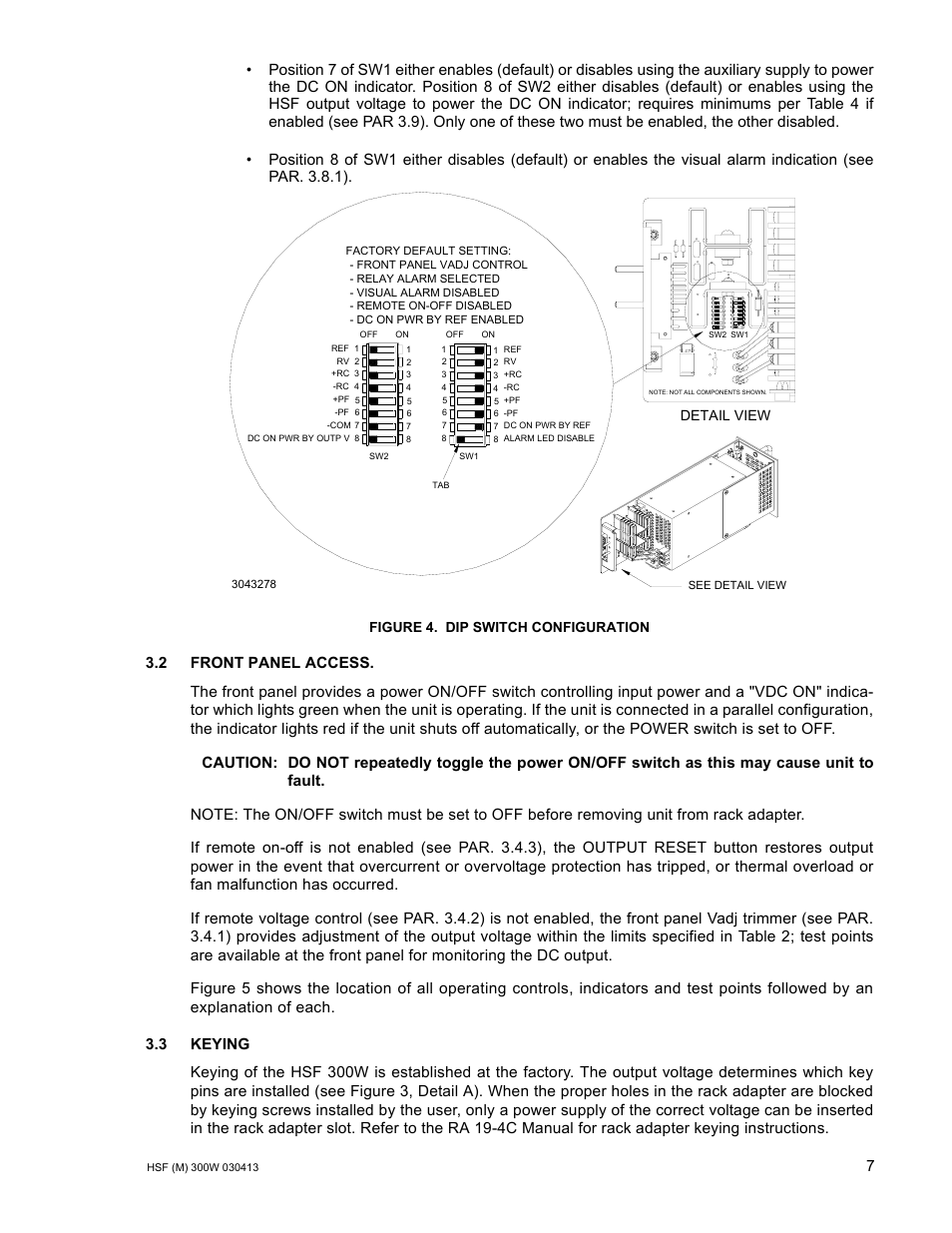Figure 4. dip switch configuration, 2 front panel access, 3 keying | Dip switch configuration, 4), which mu, Detail view | KEPCO HSF 300W Series (no suffix, suffix M and MZ) Operator Manuals User Manual | Page 9 / 18