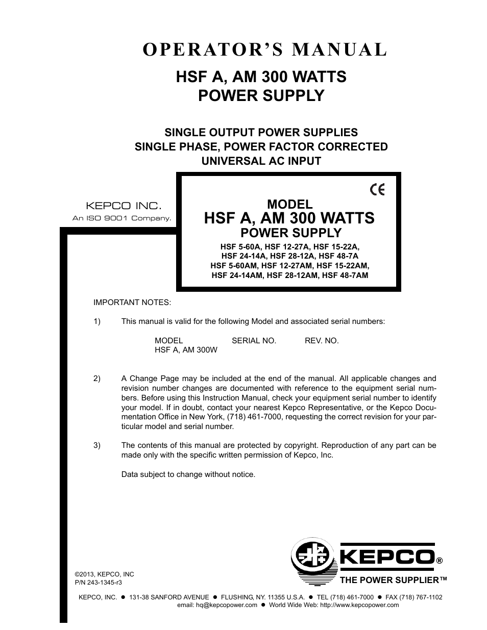 KEPCO HSF 300W Series (suffix A and AM) Operator Manuals User Manual | 18 pages
