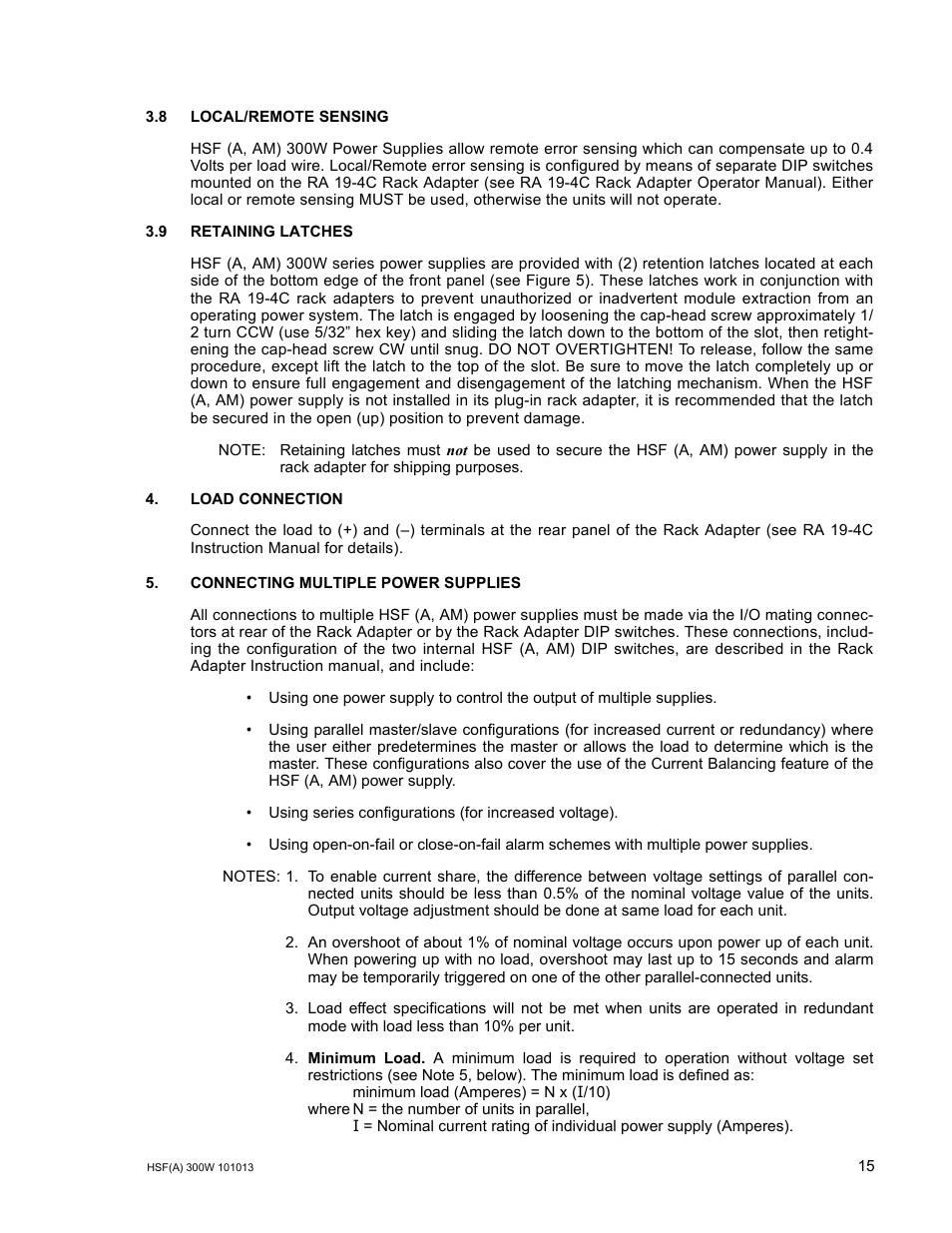 8 local/remote sensing, 9 retaining latches, Load connection | Connecting multiple power supplies, R. 5.) | KEPCO HSF 300W Series (suffix A and AM) Operator Manuals User Manual | Page 17 / 18