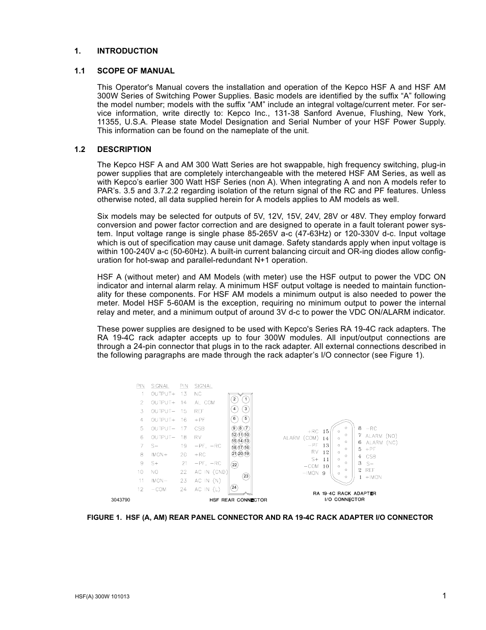 Introduction, 1 scope of manual, 2 description | KEPCO HSF 300W Series (suffix A and AM) Operator Manuals User Manual | Page 3 / 18