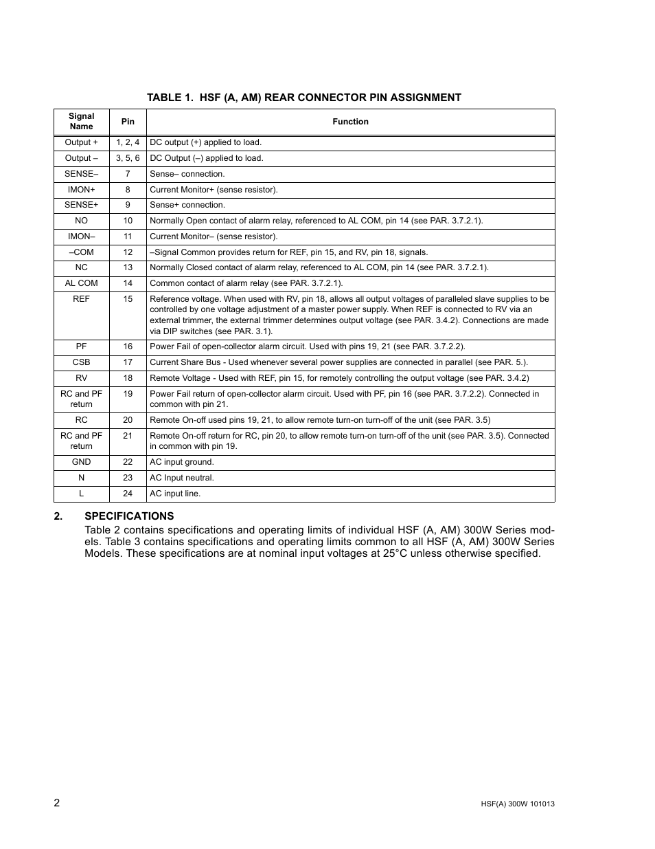 Table 1. hsf (a, am) rear connector pin assignment, Specifications, Hsf (a, am) rear connector pin assignment | KEPCO HSF 300W Series (suffix A and AM) Operator Manuals User Manual | Page 4 / 18