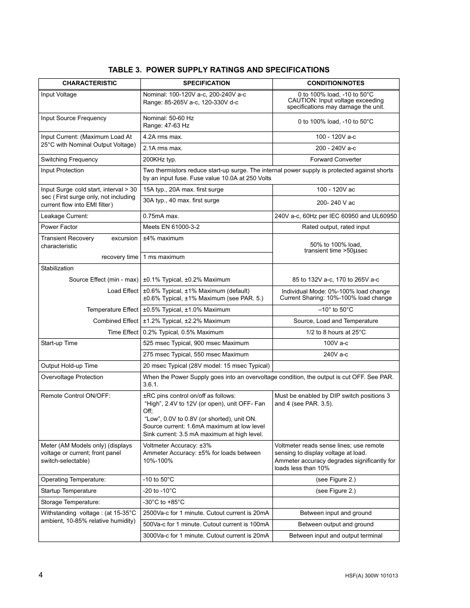 Table 3. power supply ratings and specifications, Power supply ratings and specifications, Able 3 | KEPCO HSF 300W Series (suffix A and AM) Operator Manuals User Manual | Page 6 / 18
