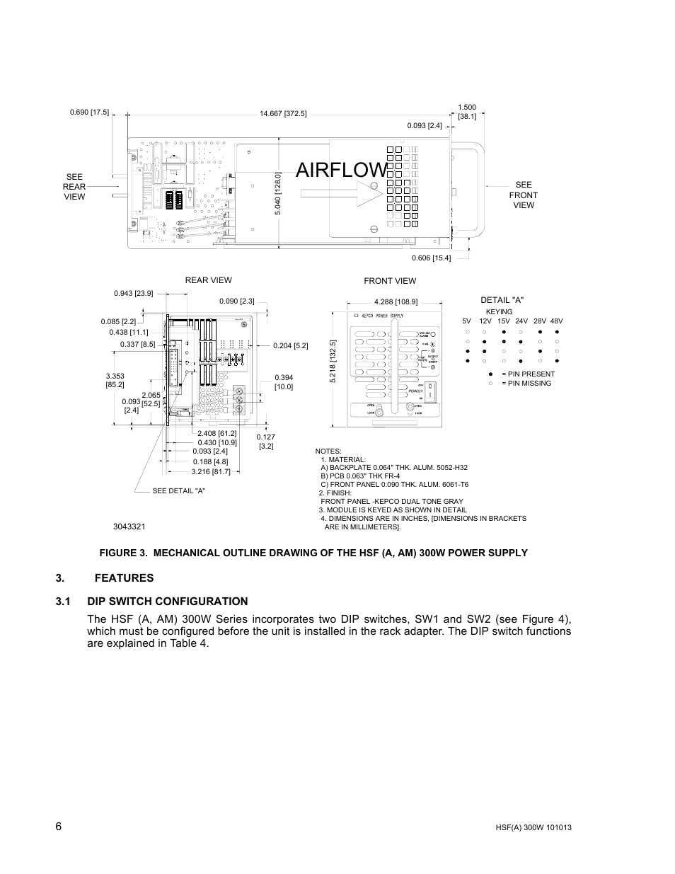 Features, 1 dip switch configuration, R. 3.1) | Airflow | KEPCO HSF 300W Series (suffix A and AM) Operator Manuals User Manual | Page 8 / 18